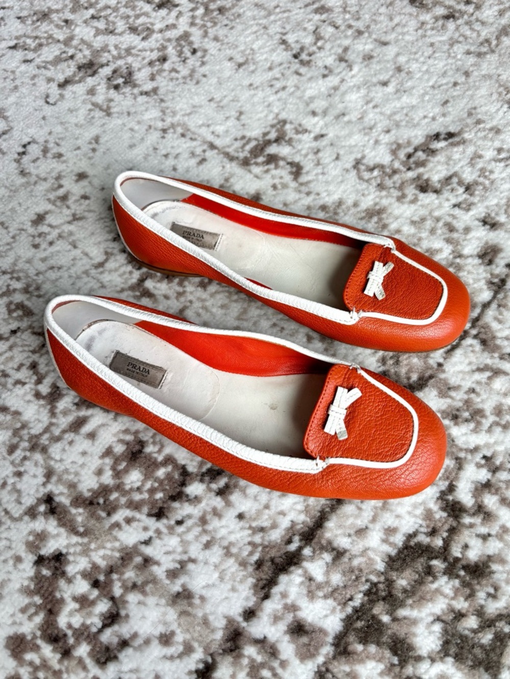 Vintage Prada Y2K Orange Leather Ballet Flat Loafers with White Trim (Size 6)